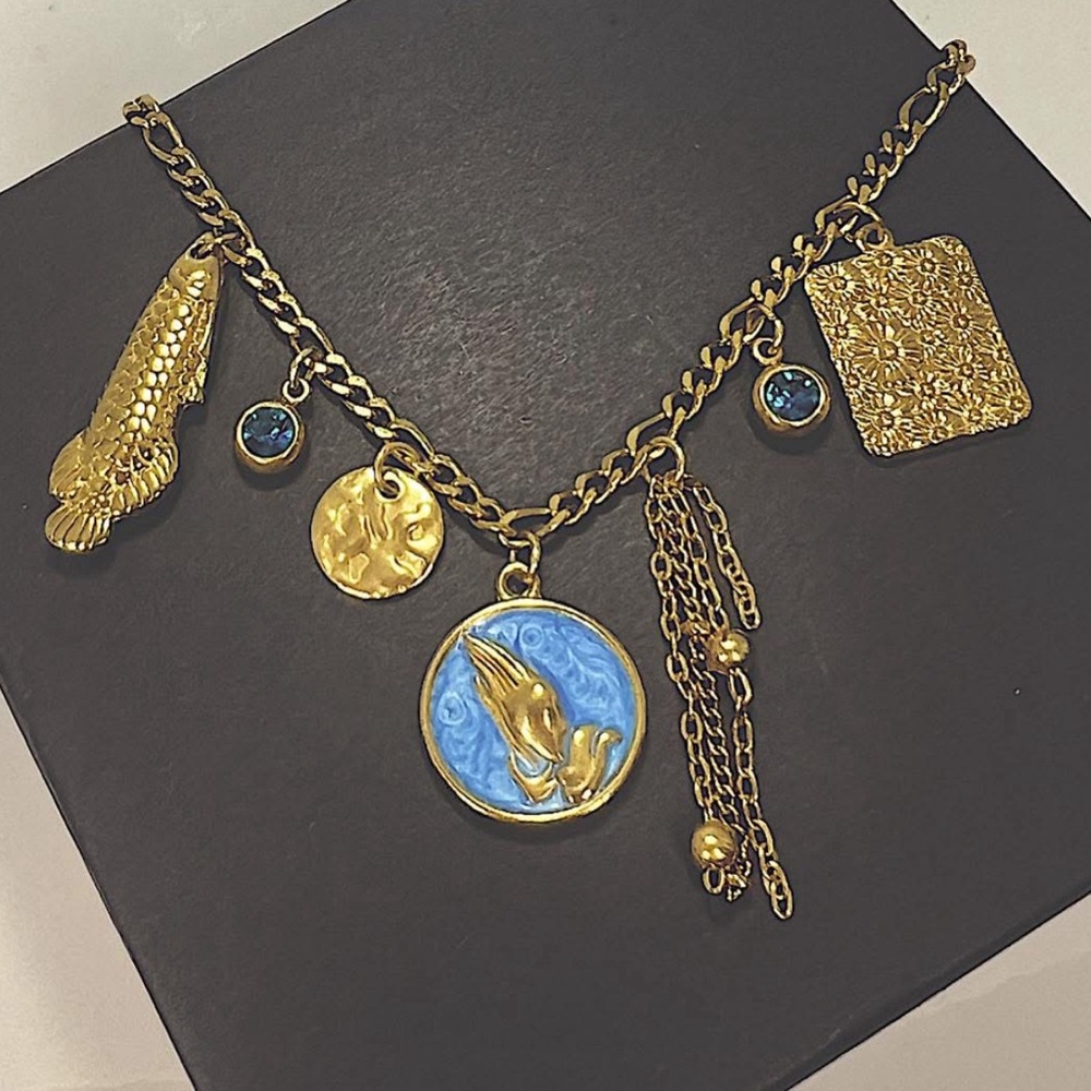 Prayer Blue Ocean Theme Charm Necklace w Figaro Chain 18k Gold - Picture 1 of 2